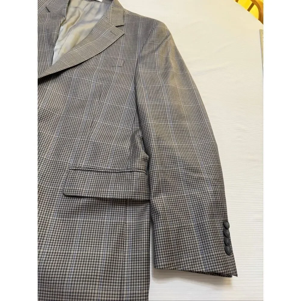 Peter Millar Grey Plaid Gingham 2 Button Wool Blazer Size 44T